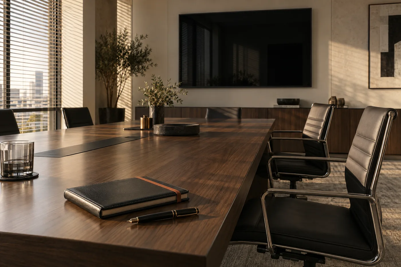 Illustration: an empty boardroom before a presentation, wall display off