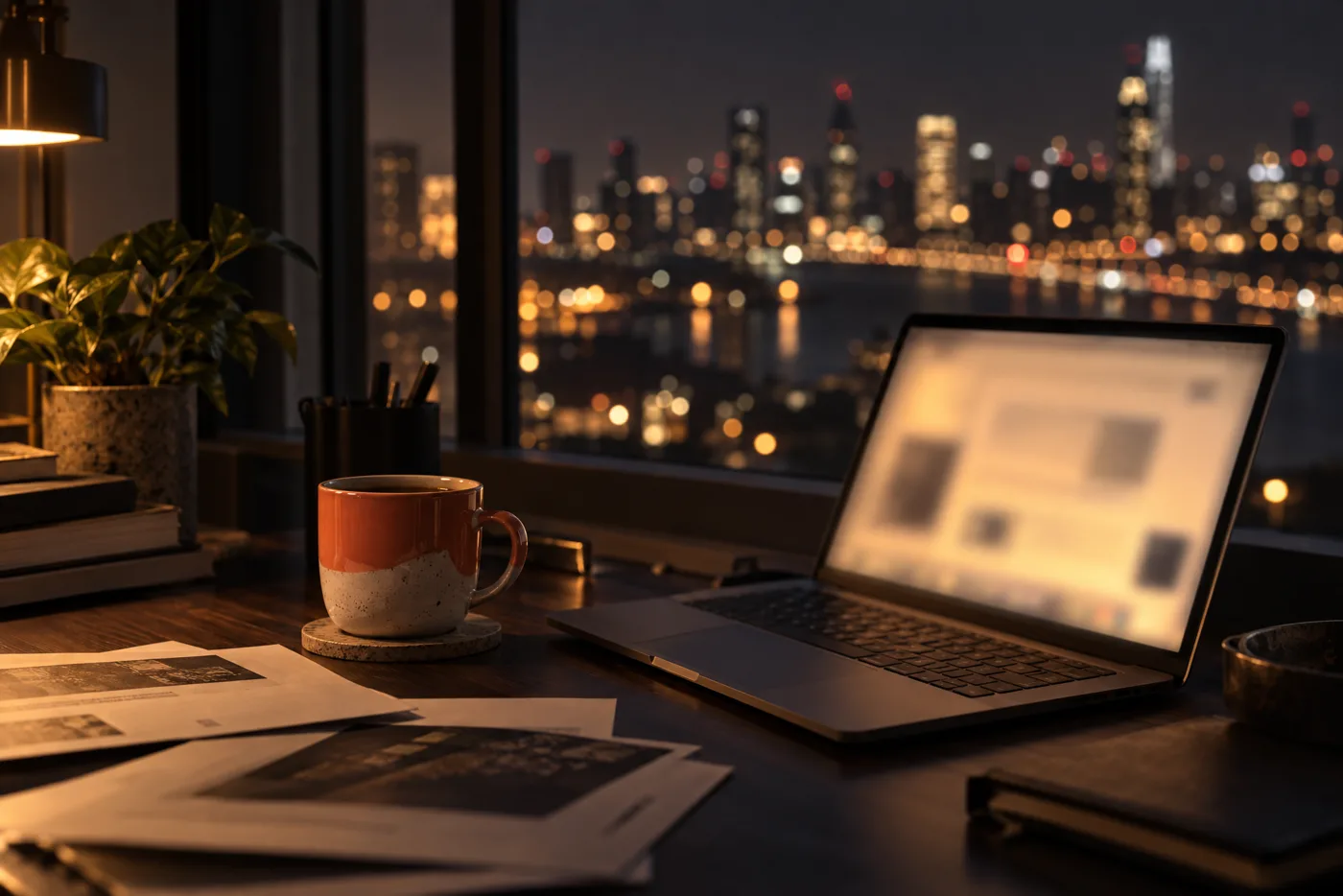 Illustration: a laptop at night with city lights, screen content out of focus
