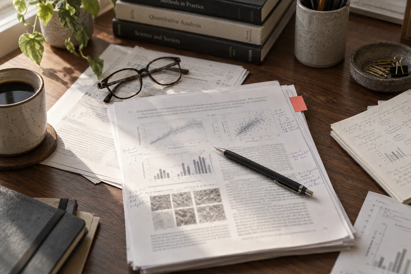 Illustration: a researcher's desk with annotated papers and charts